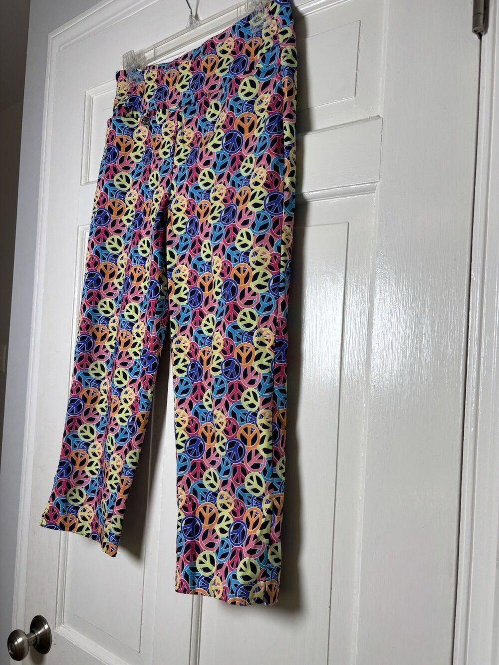 Lulu B Peace Sign Print Crop Pants Women 8 Multi-Color Pre-Shrunk Hippie Protest